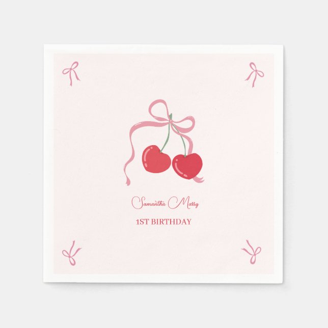 Cherry on Top Pink Bow Birthday  Napkin (Front)