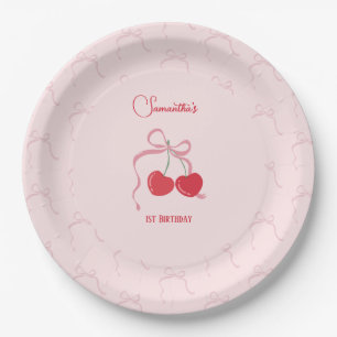 Cherry on Top Pink Bow Birthday  Paper Plate