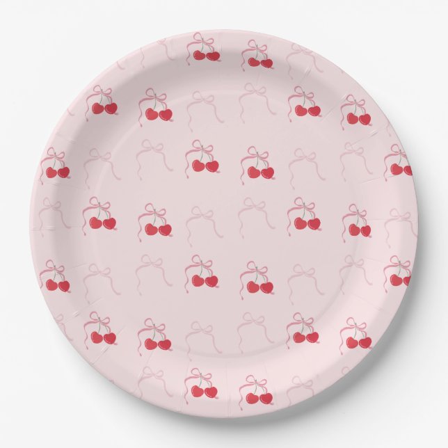 Cherry on Top Pink Bow Birthday  Paper Plate (Front)