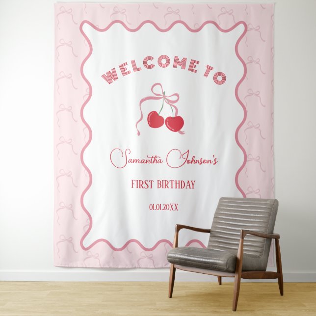 Cherry on Top Pink Bow Birthday  Tapestry (In Situ)