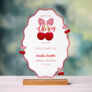Cherry On Top Pink Bow Bridal Shower Acrylic Sign 