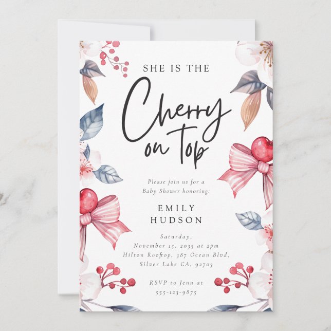 Cherry on Top Pink Bow Coquette Baby Shower Invitation (Front)