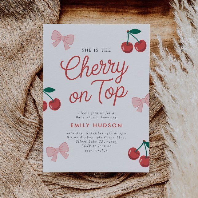 Cherry on Top Pink Bow Coquette Baby Shower Invitation (Creator Uploaded)