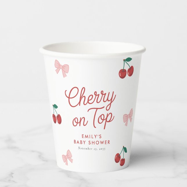 Cherry on Top Pink Bow Coquette Baby Shower Paper Cups (Front)