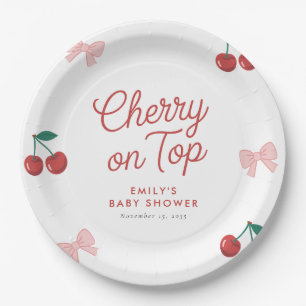 Cherry on Top Pink Bow Coquette Baby Shower Paper Plate