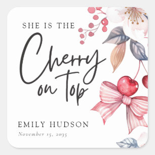 Cherry on Top Pink Bow Coquette Baby Shower Square Sticker