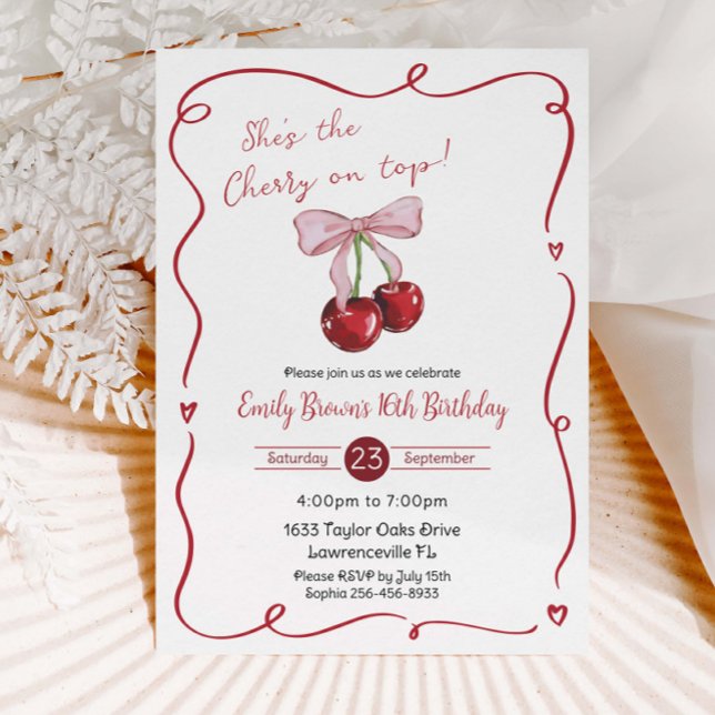 Cherry on Top Pink Bow Coquette Birthday Invitation (Creator Uploaded)