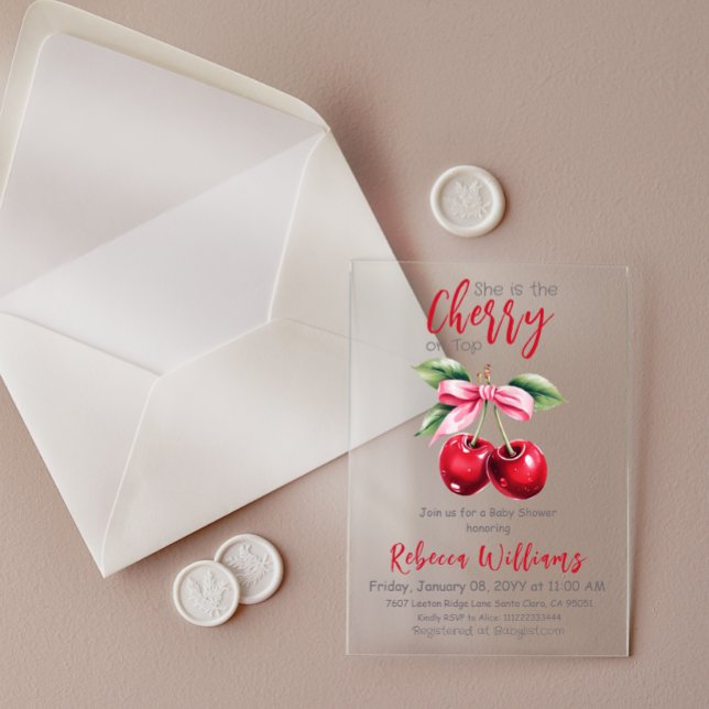 Cherry on Top Pink Bow Girl Baby Shower Acrylic Invitations (Creator Uploaded)