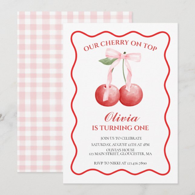 Cherry on Top Pink Bow preppy 1st birthday Invitation (Front/Back)