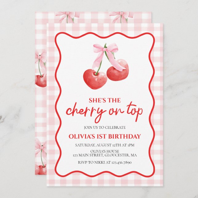Cherry on Top Pink Bow preppy birthday Invitation (Front/Back)