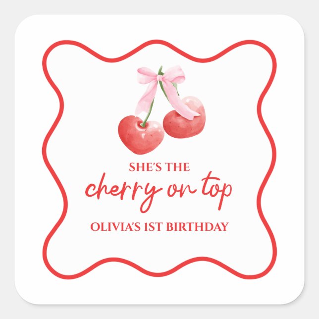Cherry on Top Pink Bow preppy birthday Square Sticker (Front)