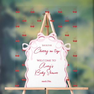Cherry on Top Pink Bow Red Baby Girl Shower Acrylic Sign