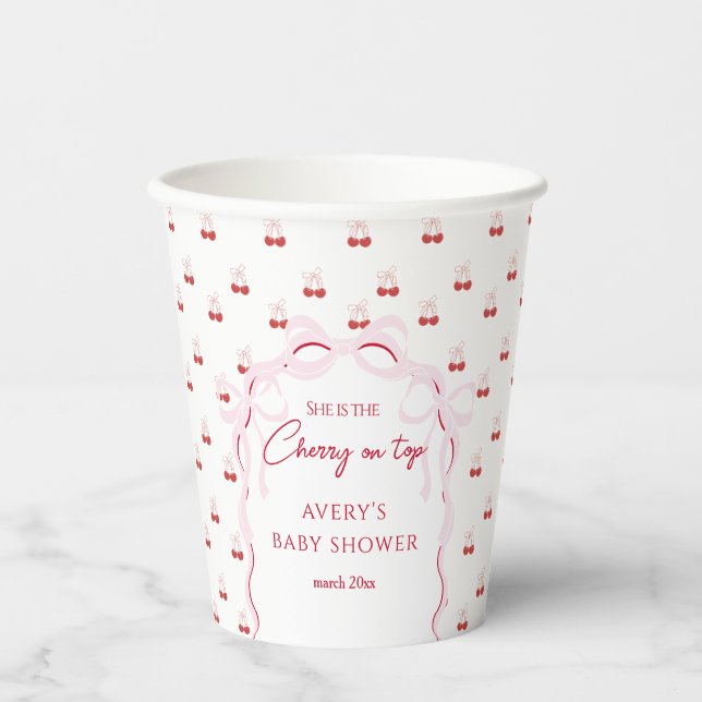 Cherry on Top Pink Bow Red Baby Girl Shower Paper Cups (Front)