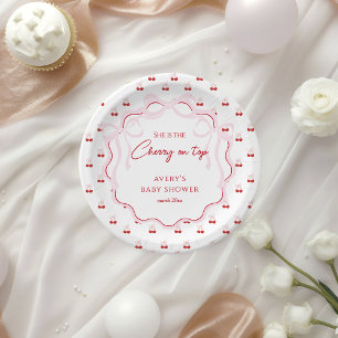 Cherry on Top Pink Bow Red Baby Girl Shower Paper Plate