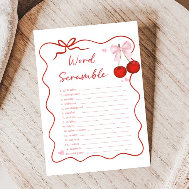 Cherry on Top Pink Bow Shower Word Scramble Game (Coquette Cherry on Top Baby Shower Game)