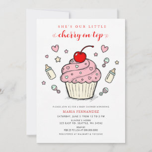 Cherry on Top Pink Cupcake Girl Baby Shower Invitation