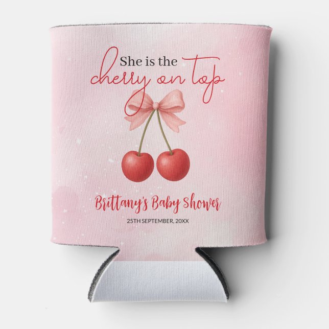 Cherry on Top Pink Girl Baby Shower  Can Cooler (Front)