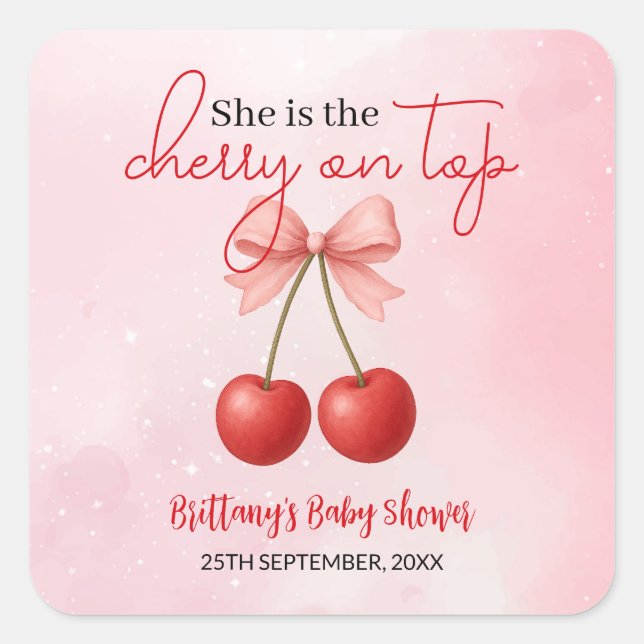 Cherry on Top Pink Girl Baby Shower  Square Sticker (Front)