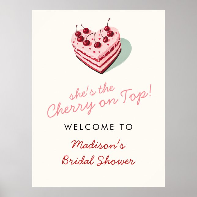 Cherry on Top Pink Heart Cake Bridal Shower Poster (Front)