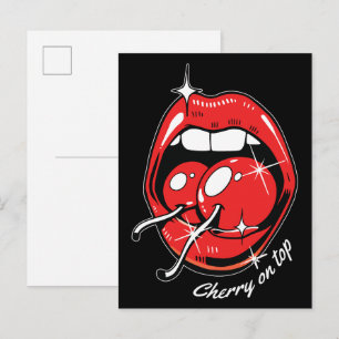 Cherry on Top Pop Art Red Lips & Juicy Cherries Postcard