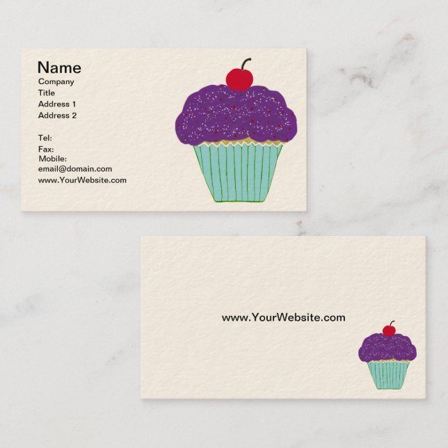 Cherry on Top Purple Frosting Vanilla Cupcake Business Card (Front/Back)