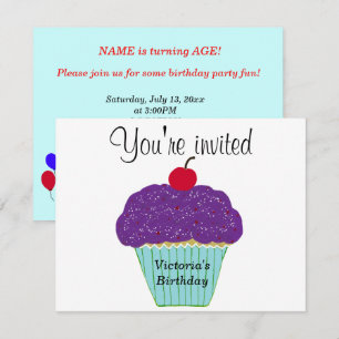 Cherry on Top Purple Frosting Vanilla Cupcake Invitation