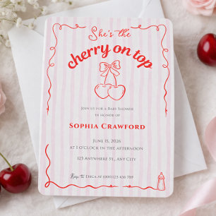 Cherry on Top Red Pink Bow Cherries Baby Shower Invitation