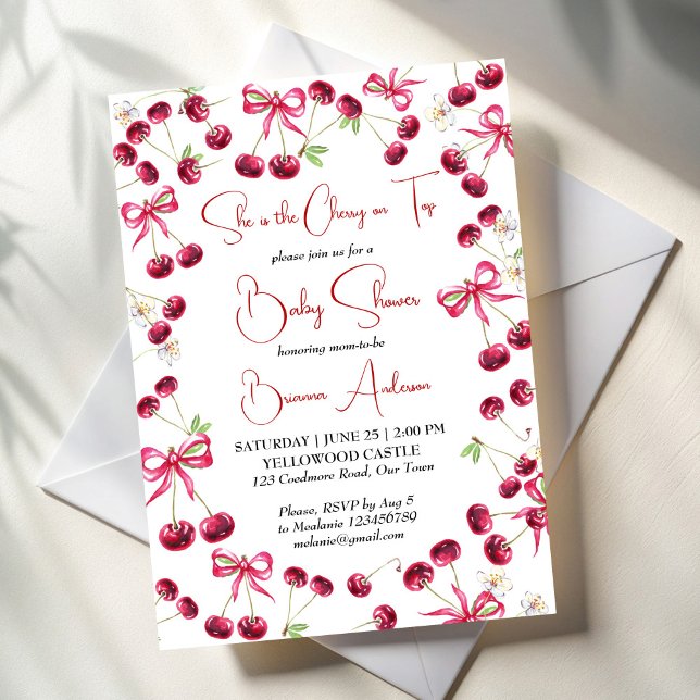 Cherry on top ribbon coquette baby shower invitation (Cherry on top ribbon coquette baby shower invitation template summer fruit berry baby shower invite)