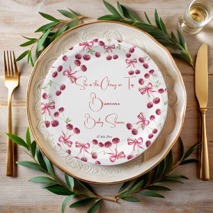 Cherry on top ribbon coquette baby shower paper plate