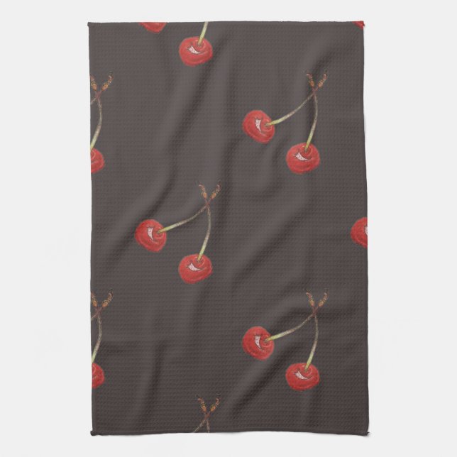 Cherry Pair Pattern (Dark Chocolate) Kitchen Towel (Vertical)