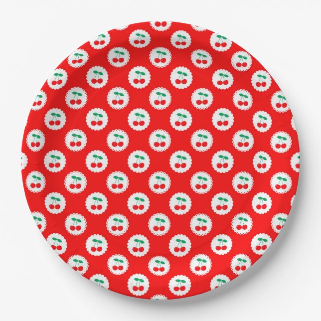 Cherry Pattern – Retro Fruit Gift & Decor Paper Plate (Front)