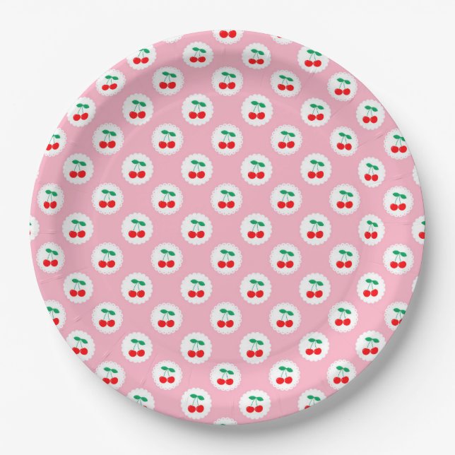 Cherry Pattern – Retro Fruit Gift & Decor Paper Plate (Front)
