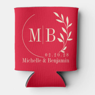 Cherry Picking Pink Leaf Wedding Monogram Can Cooler