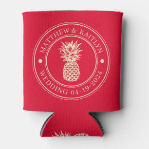 Cherry Picking Pink Pineapple Wedding Crest & Name Can Cooler