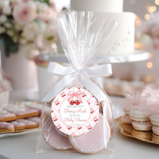 Cherry Pink Bow Baby Shower Classic Round Sticker
