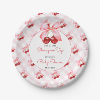 Cherry Pink Bow Baby Shower Paper Plate