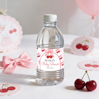 Cherry Pink Bow Girl Baby Shower Water Bottle Label