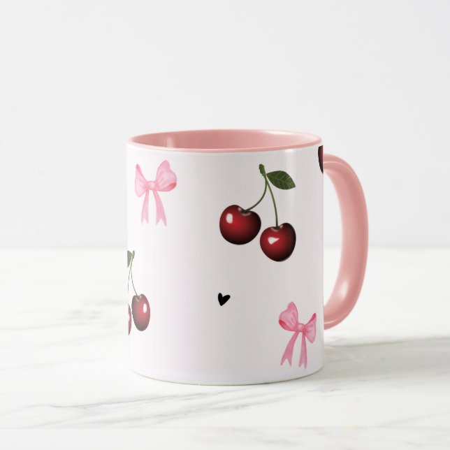 Cherry & Pink Bows Pattern - Coquette Aesthetic Mug (Front Right)