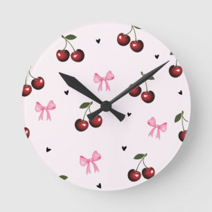 Cherry & Pink Bows Pattern - Coquette Aesthetic  Round Clock