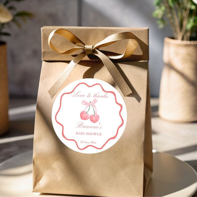 Cherry pink coquette baby shower favour classic round sticker (Cherry pink coquette baby shower favor stickers personalized thank you favor stickers)