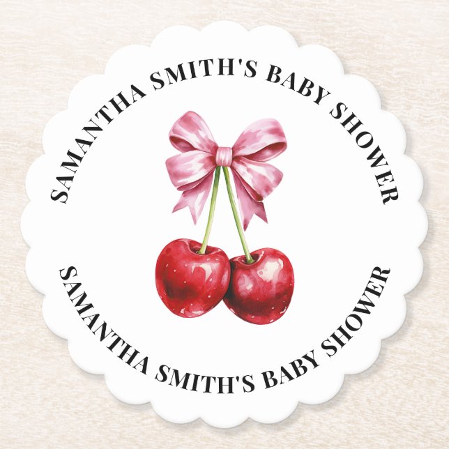 Cherry Pink Coquette Baby Shower Paper Coaster (Front)