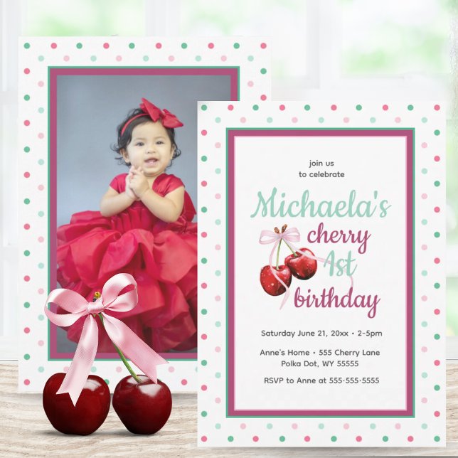  Cherry Pink Coquette Bow First Birthday Photo Invitation (Cherry First Birthday Polka Dot Photo Invitation)
