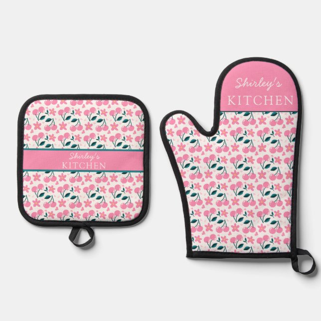 Cherry Pink Personalized oven| Custom Name  Oven Mitt & Pot Holder Set (Front)