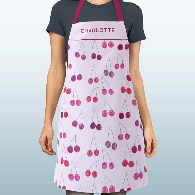 Cherry Pink Watercolor Personalized Apron (Pretty watercolor cherry pink pattern personalized custom name text apron)