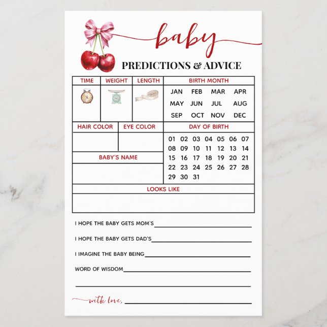 Cherry Predictions Advice Baby Shower Card (Front)