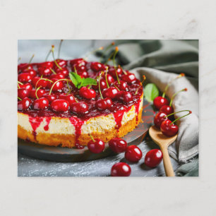 Cherry quark cheesecake slice with wooden spoon postcard