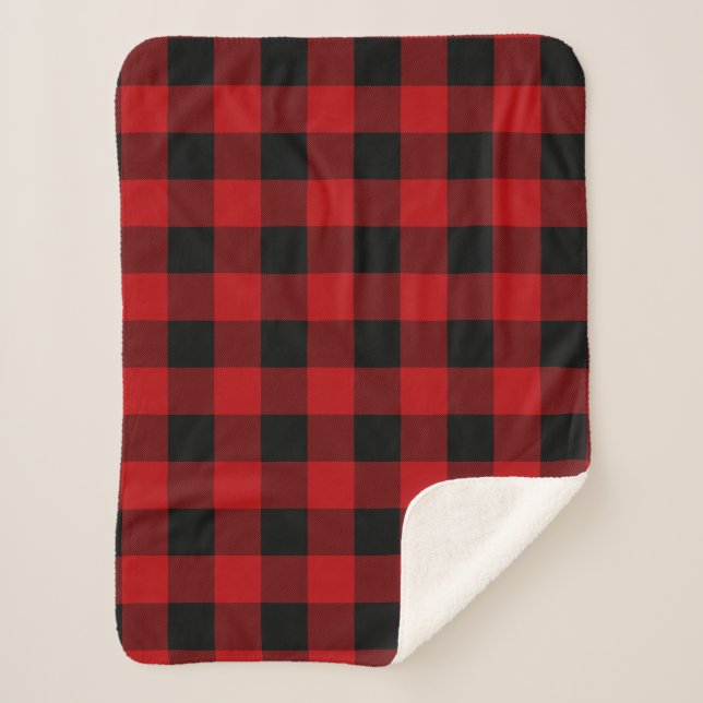 Cherry Red And Black Buffalo Plaid  Sherpa Blanket (Front)