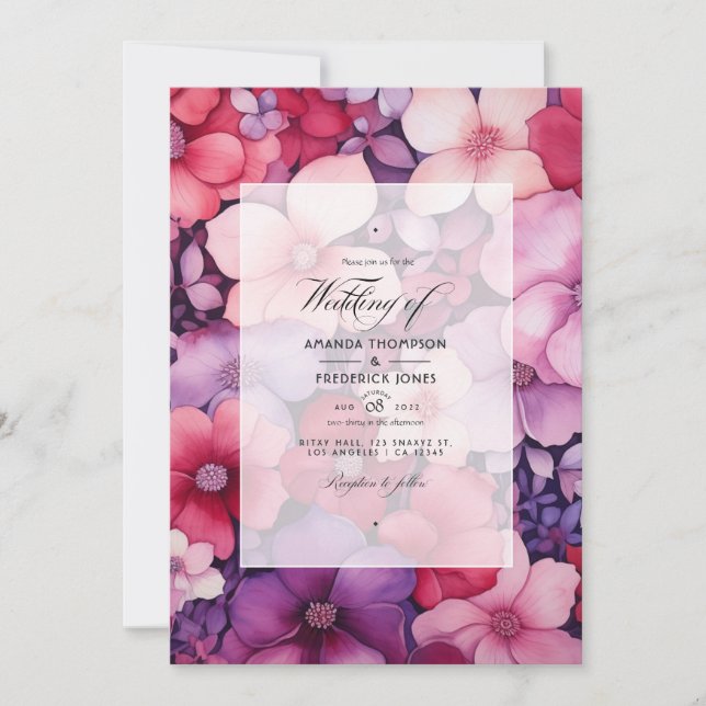 Cherry Red and Heather Purple Floral Fall Wedding Invitation (Front)