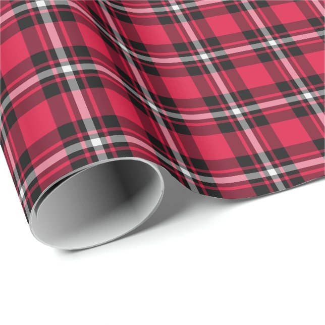Cherry Red, Black and White Sporty Plaid Wrapping Paper (Roll Corner)