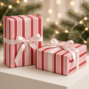 Cherry Red Blush Pink Striped Christmas Wrapping Paper
